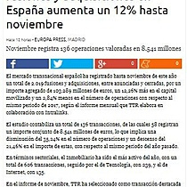 El importe de operaciones de fusiones y adquisiciones en Espaa aumenta un 12% hasta noviembre